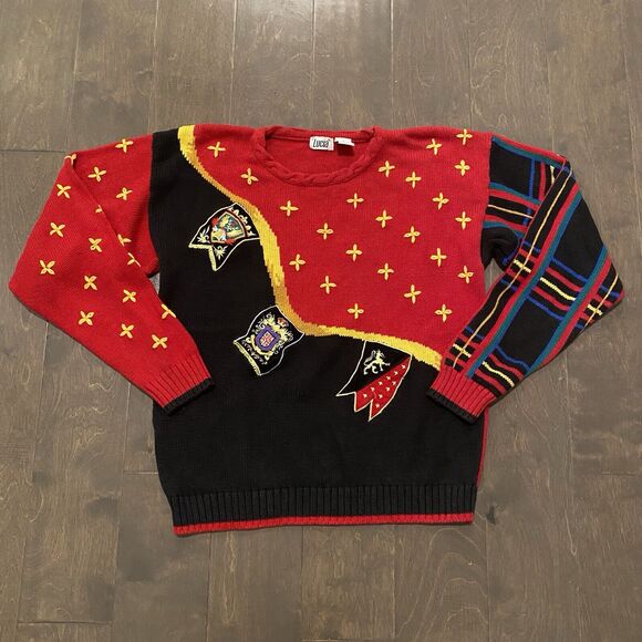 Vintage Lucia Sweater Women Size Small S Red Black Plaid Crest Preppy Academia - Picture 3 of 15